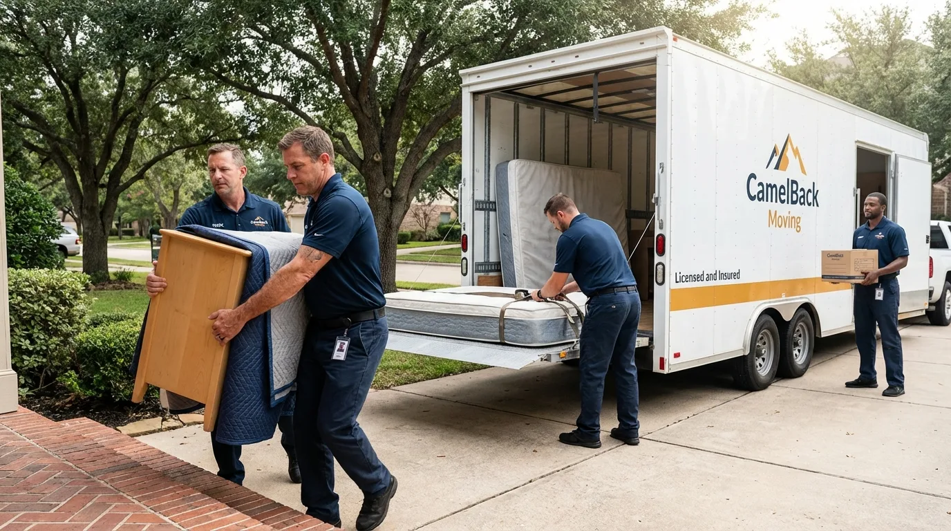 Crew loading residential truck for cross-state move from Akron, NY