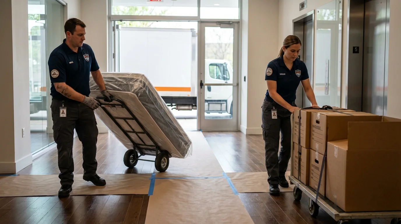 Professional apartment movers loading elevator in Akron, NY